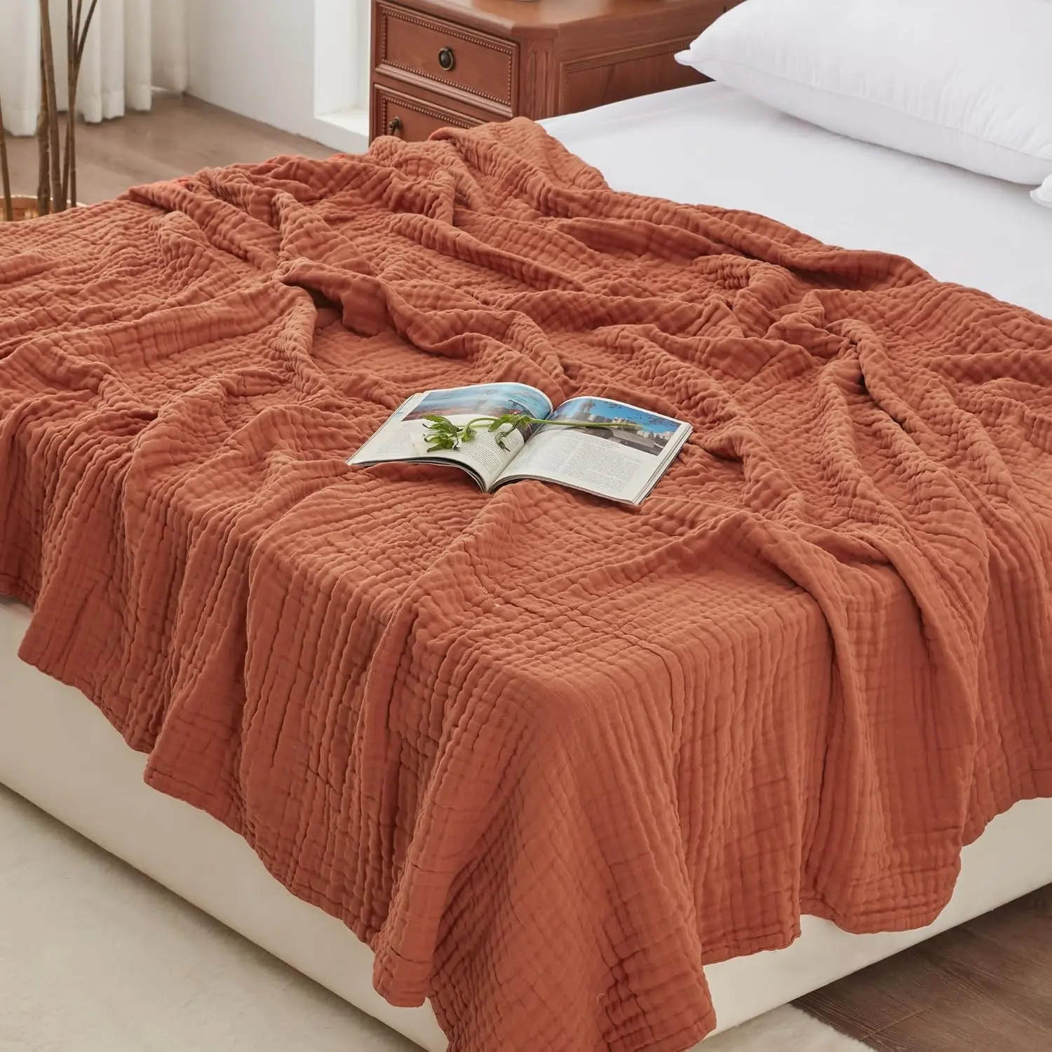 100% Cotton Muslin Blanket, 6 Layer Lightweight Breathable Gauze King Size Blanket 108 x 90 Inches, Soft Summer Blanket for Bed, Orange