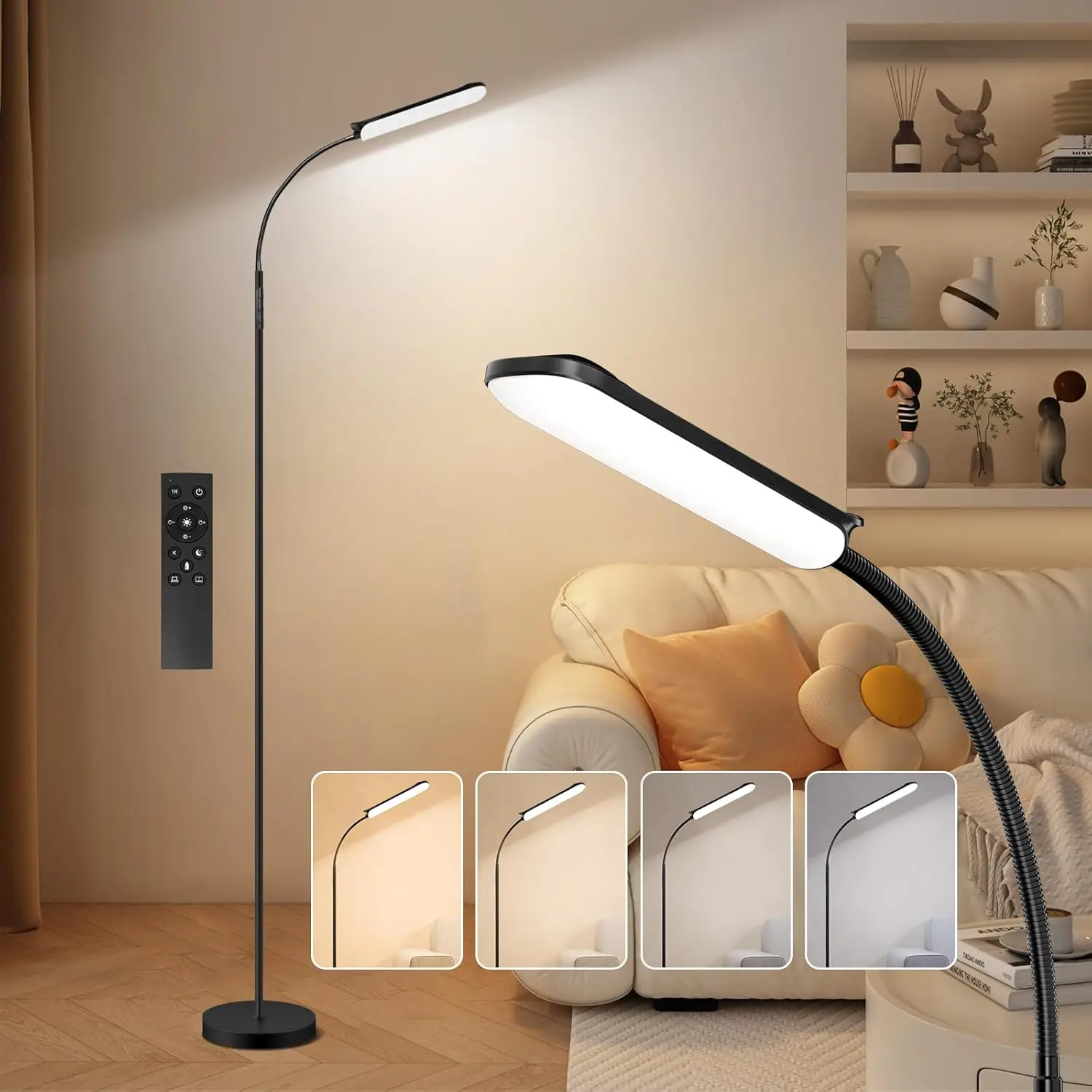 Dimmable LED Floor Lamp, 1800LM 4 CCT Gooseneck Light with Remote & Touch Control, Eye-Friendly Task Lamp for Painting Over Chair Crafts Lash Extensions Bedroom Office Living Room, Black