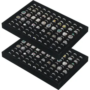 2 Pcs Ring Organizer Dish Tray,Stackable Jewelry Organizer Trays for Drawer,100 Slots Rings Jewelry Displays for Selling (Black)Gift.