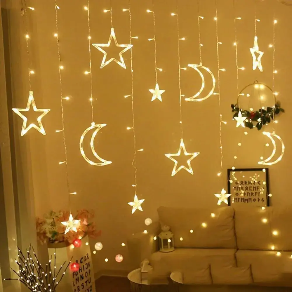 Moon Curtain String Lights,126 LED Ramadan Decorations Ramadan Curtain String Lights, 2 Lighting Modes,  Fairy Lights,  Lights for Christmas, Wedding, Party, , Patio Lawn