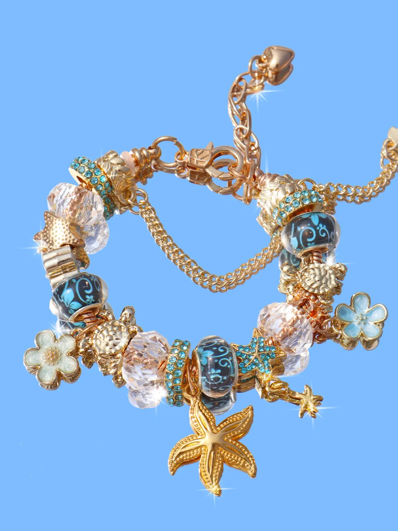 Classic Cherry Blossom Charm Bracelet, Floral Charm Bracelets, Fashion Ocean Style Starfish Shell DIY Bracelet, Blue Cherry Blossom Charm, Starfish Bracelet, Fashionable Bracelet
