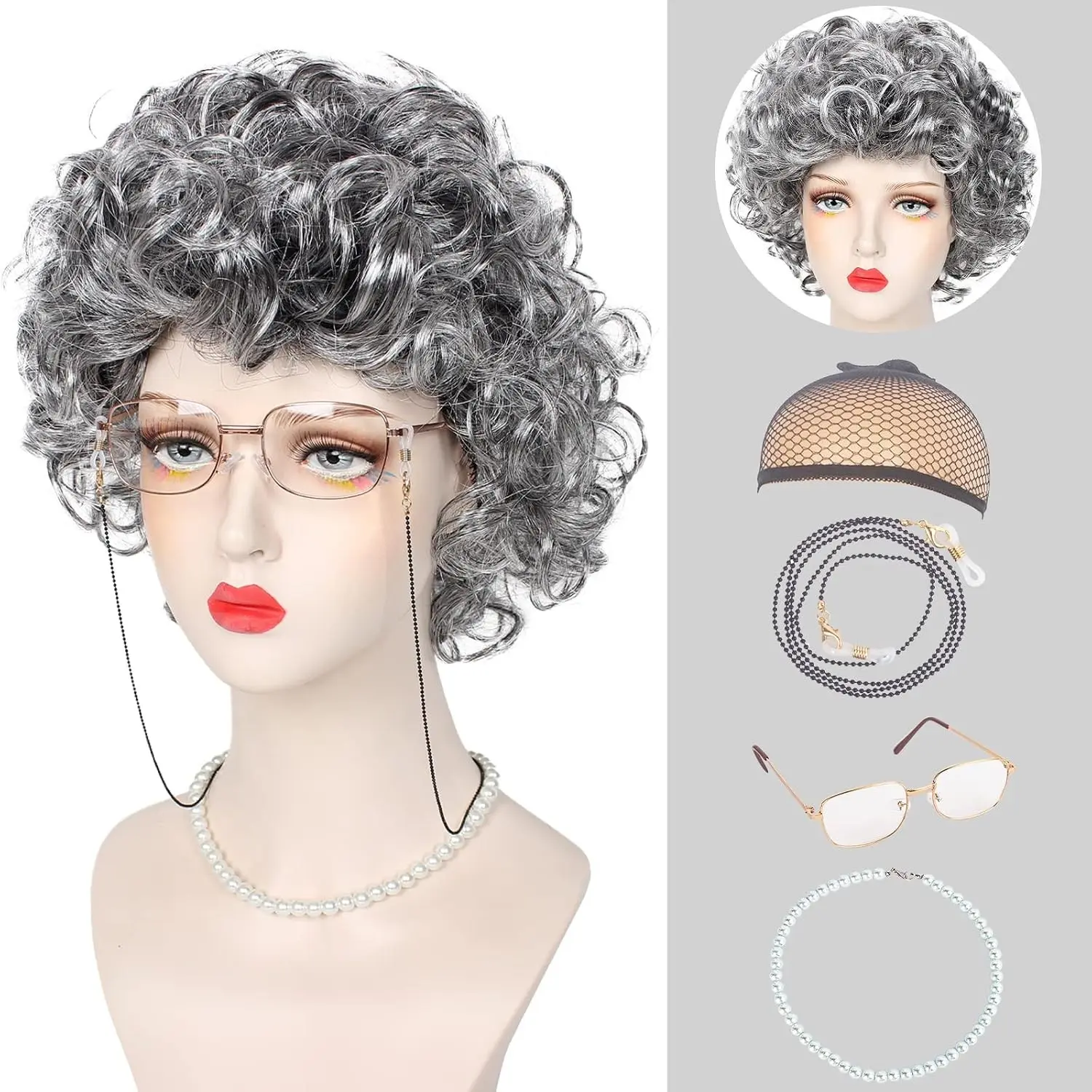 Women's Old Lady Costume with Gray Hair Granny Wig Kit - 100 Days of School Fancy Dress Party Accessories(Gift)