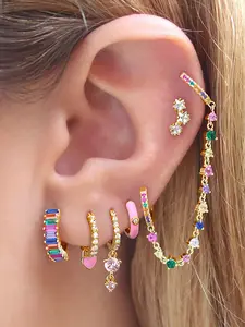 6Pcs Gold Plated Earring Stack Set Luxury Rainbow Cubic Zirconia Stud Chain Drop Hoop Earrings Set Wedding Jewelry For Women