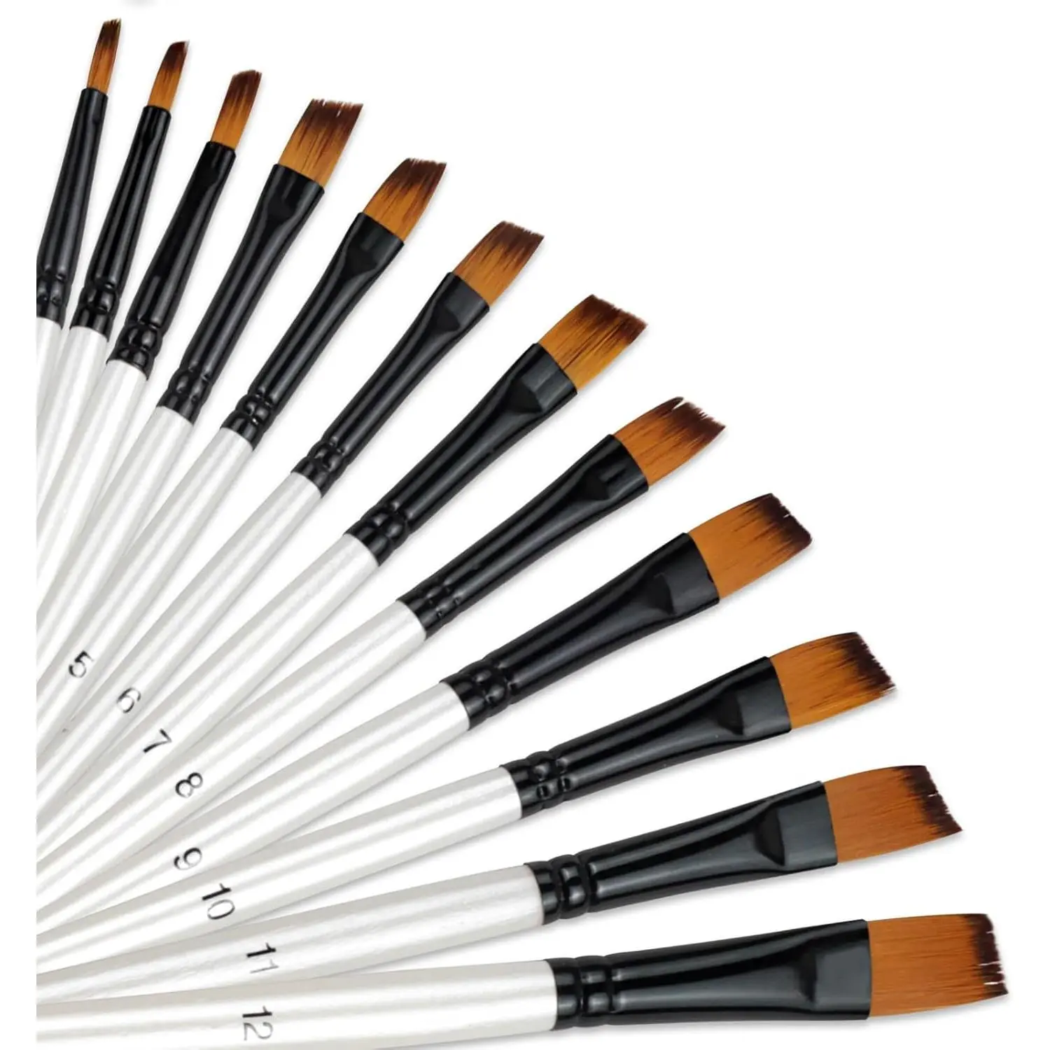 12- Angular  Brush Set –  White Nylon Angled Brushes for Watercolor, , Gouache, Oil & Craft Painting