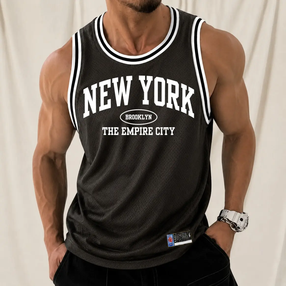 Men's Retro Mesh Tank Top "New York Brooklyn The Empire City" Basketball Graphic; A Sleeveless, Athletic Jersey-Style Top Designed For Breathability—Perfect For Workouts, Running, Or Casual Street-Style Summer Wear.