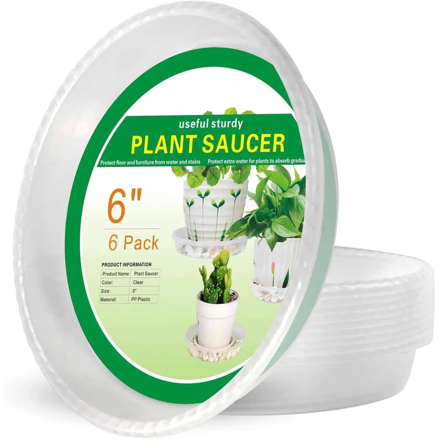 6 Pack  Saucers Drip Tray,6 8 10 12 14 Inch Heavy Sturdy Plastic Flower Pot Saucers for Indoor,Clear Plastic Planter Water Tray for  Pots Liners (6''-Clear)