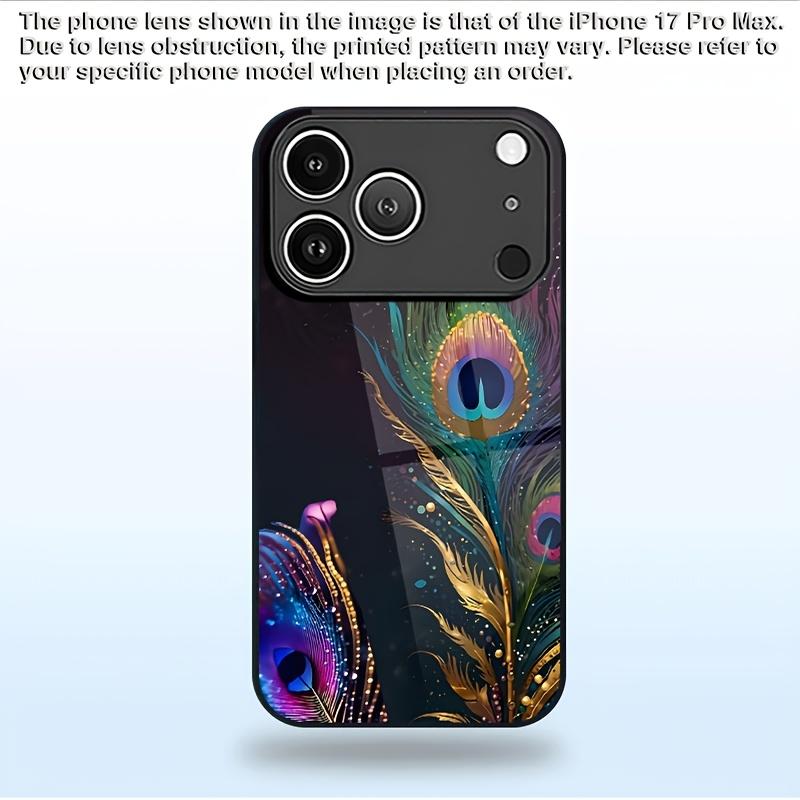 Phone case: Peacock Feather Colorful Shimmering Print Pattern Elegant Style Tempered Glass Phone Case with Minimalist Design, Compatible for iphone17 17Air 16 Pro 15 Promax 14 Plus 13 12 11