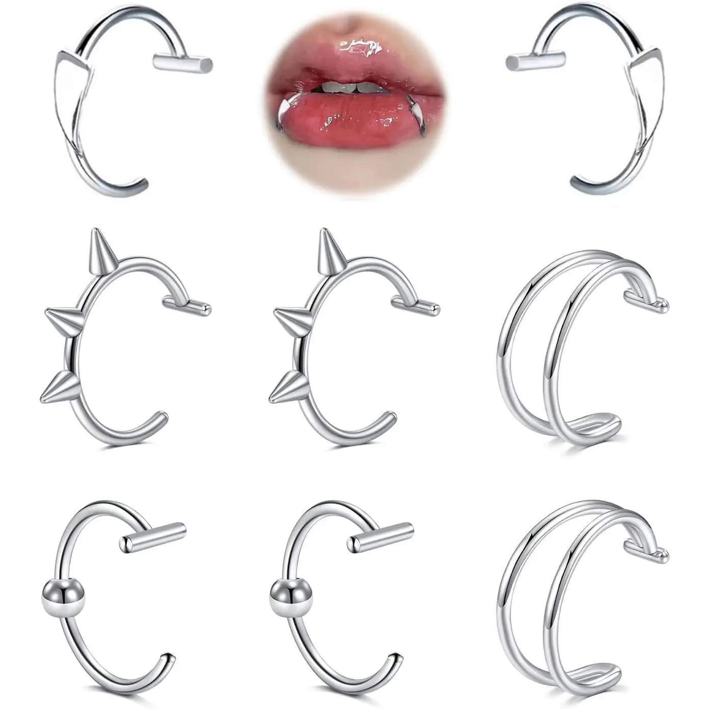 Silver Black Fake Lip Piercing Fake Lip Ring Cuffs Clip on Nose Ring Hoop Faux Snake Bites Non Piercings Jewelry Vampire Teeth Silver Fangs for Halloween Jewelry Clip Double Earring Hoop