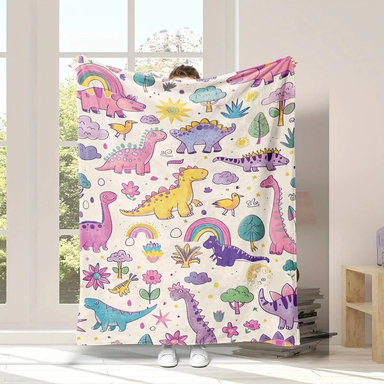 Classic Ultra-Soft Pastel Rainbow Flower & Cartoon Print Flannel Throw Blanket with Birds - Kids' Flower Blanket for Toddlers, Indoor Sofa Bedroom Use, Holiday Gift Decor