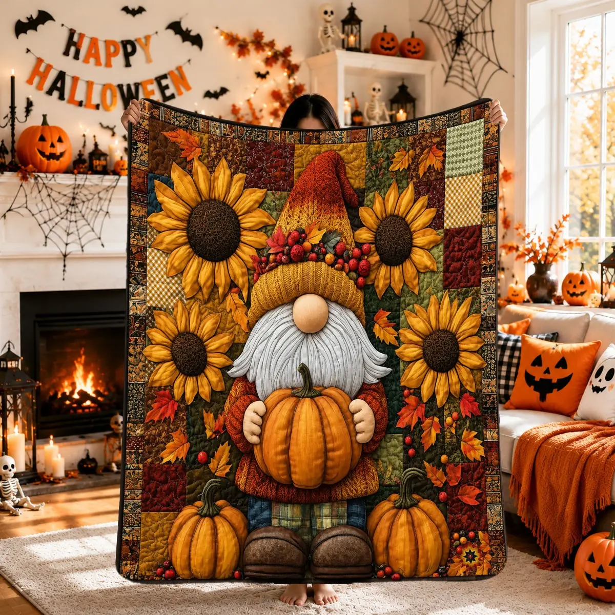 Autumn Dwarf Sunflower Pumpkin Plaid Fleece Blanket for Halloween and Harvest Fest Warm Soft Durable Cozy Throw Bed Couch Air Conditioner Blanket Perfect for Napping Camping Travel Ideal Gift for All Seasons Flannel Throw Blankets
