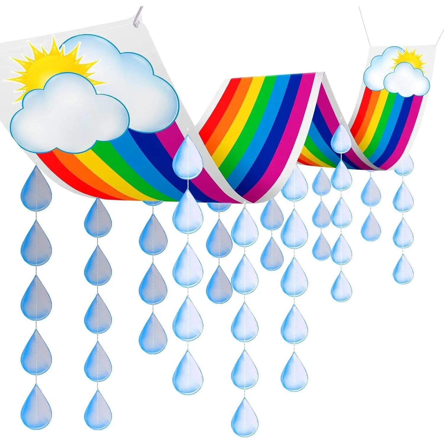 Rainbow Ceiling Hanging Clouds with Raindrop Garland, Classroom Decor for Preschool Kindergarten and Daycare, Colorful Hanging Bunting for Birthday, Baby Shower, Nursery and Playroom