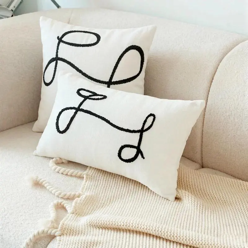 White Embroidered Throw Pillow 45x45/35x50 Sofa Backrest Pillows Nordic Simple Line Cushions Ins Style Bed Sofa Decorate Pillow
