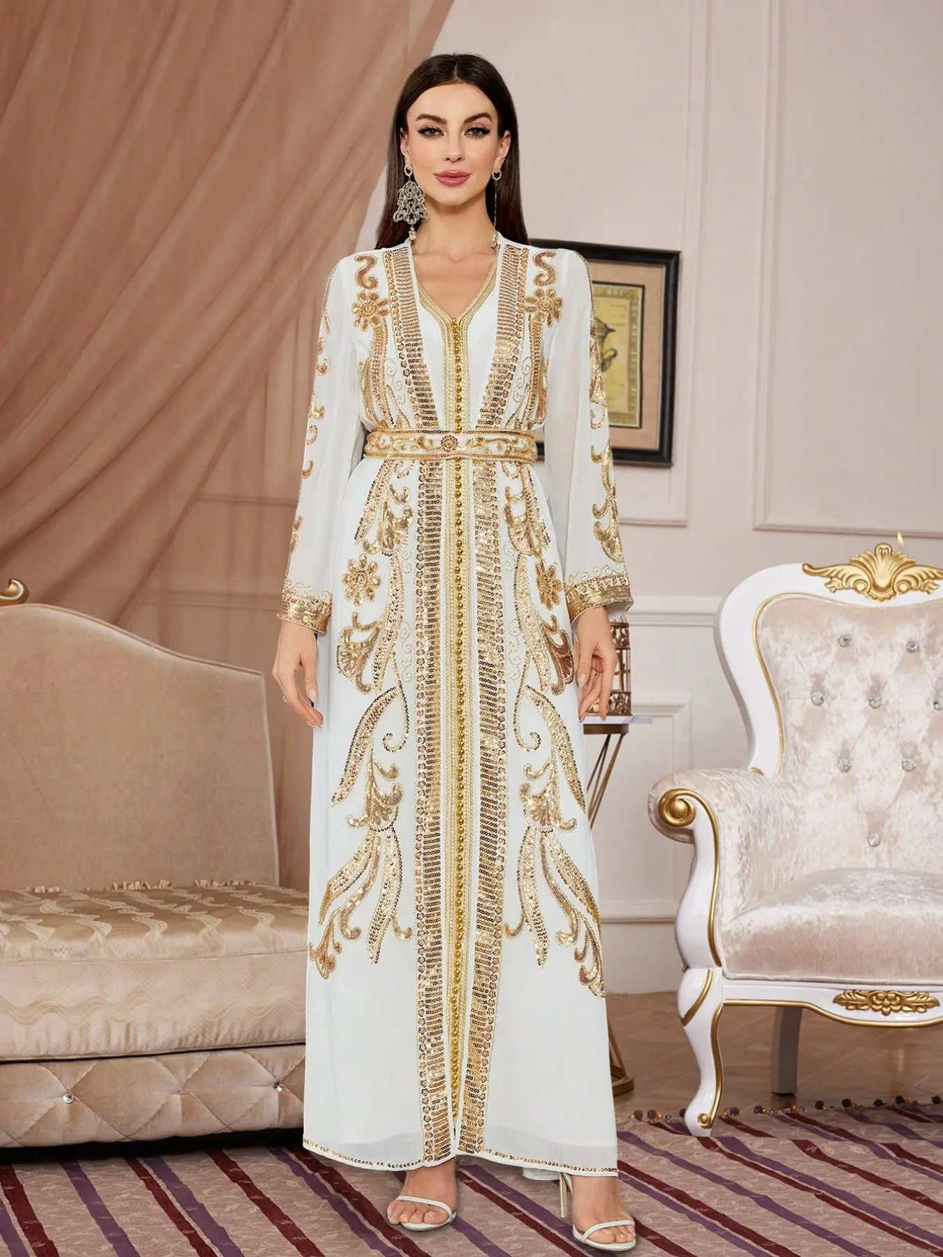 Heavy Gold Sequin Embroidered Two-Piece Muslim Robe, Dubai Open Front Party Dress, Elegant Maxi Long Sleeve Gown, Classy Modest Dresses, Modest Muslim Clothing, Modest Muslim Outfits