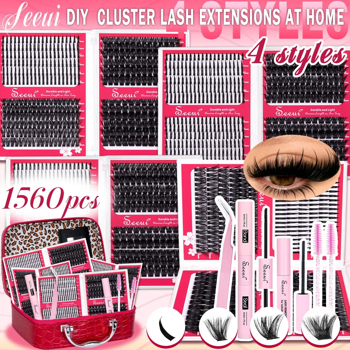 1560Pcs Baddie Lash Clusters Kit, Spikes/100D/120D/150D, 8-16MM, Thick Lash Clusters Set, Dramatic DIY Eyelash Extensions Kit, Waterproof Long-Lasting, D Curl,  Bond&Seal, Remover, Eyelash Tweezers, Brush, Perfect for Daily, Party, Beginner Friendly
