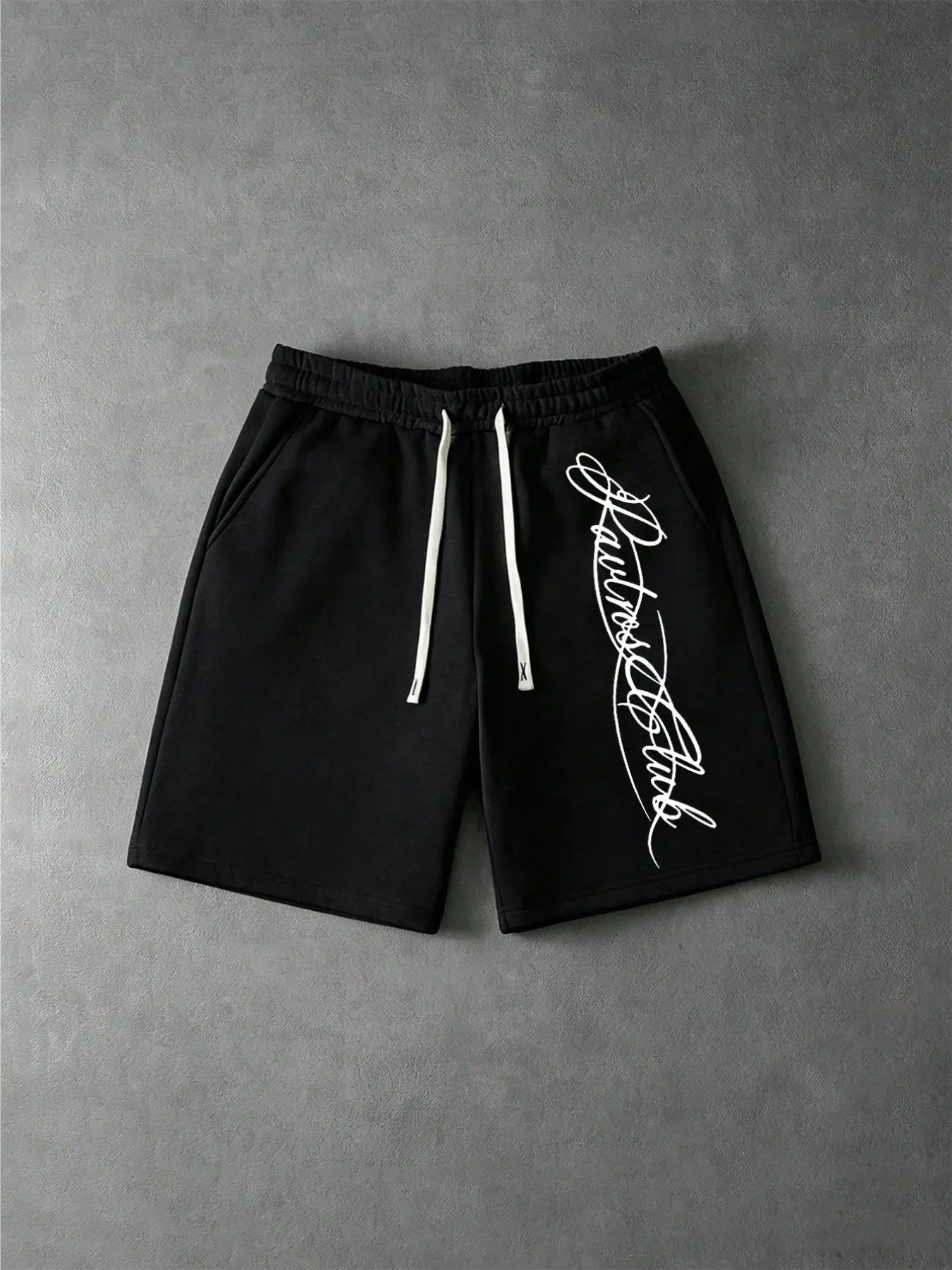 Men's Bright Yellow Side Cursive Letter Print Drawstring Sweat Shorts, Elastic Waist Side Pockets Detail Loose Fit Vintage Street Style Summer Casual Daily Bottoms, Graphic Shorts