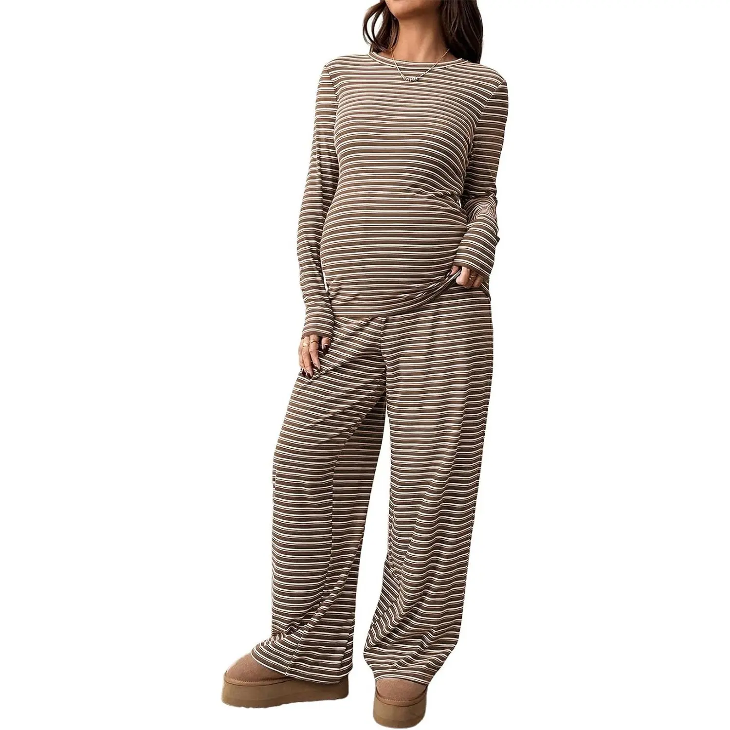 Women's Maternity 2-Piece Striped Long-Sleeve Set with Pockets, Cozy Lounge Sleepwear for Pregnant Women, Autumn Home Baby Shower Outfits, Maternity Pants