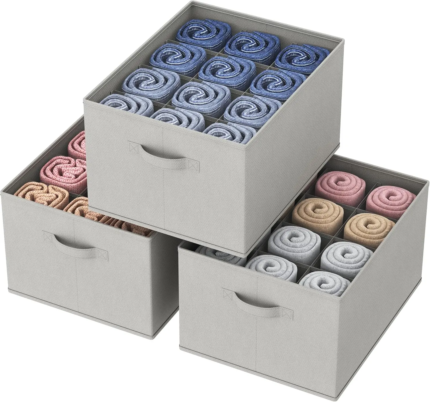 3-Pack (3-Pieces) Folding Storage Bins - 12-Divided Compartments Clothes Closet Organizer, Built-in PP Board, 17"x13"x9.5" Quick-Install, Bending & Deformation-Resistant Compartmentalized Container Storage Solutions for Wardrobe Shelves