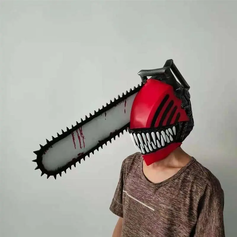 Terrifying Chainsaw Man Latex Head Mask with Chainsaw Prop for Halloween Cosplay