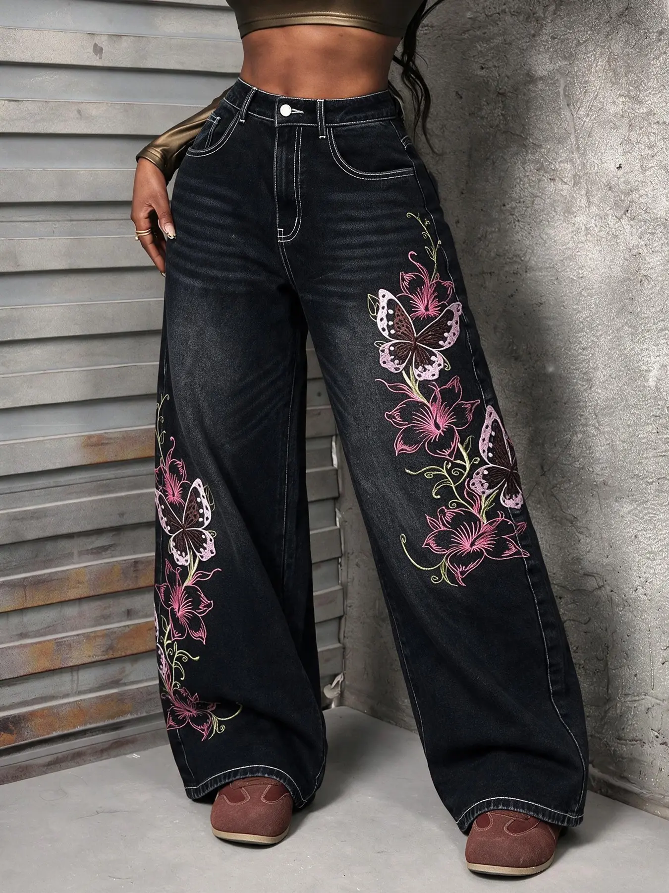 Women's High Waisted Wide Leg Jeans - Black Baggy Denim Pants with Butterfly Embroidery Y2K Streetwear (Excluding belts and accessories)