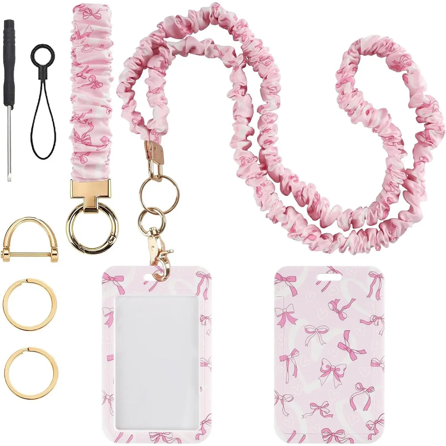 Scrunchie Lanyard with ID Badge Holder -  Bow Style Stretchy Lanyards with ID Badges Wristlet  Key Rings Set for Nurse Teacher Work Women, Birthday, Team Gifts