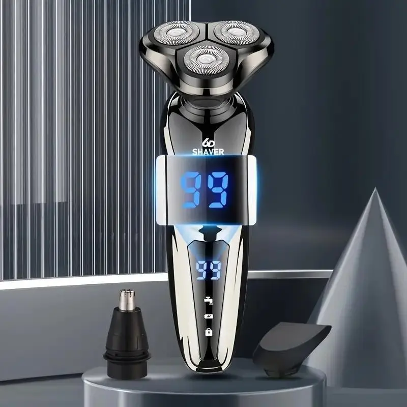 3-in-1 Multifunctional Electric Rotary Shaver for Men, Large LCD Digital Power Display Waterproof Cordless Rechargeable Facial Shaving Tool Kit, Detachable Nose Hair Trimmer & Sideburn Trimmer for Daily Home Grooming & Business Travel Use