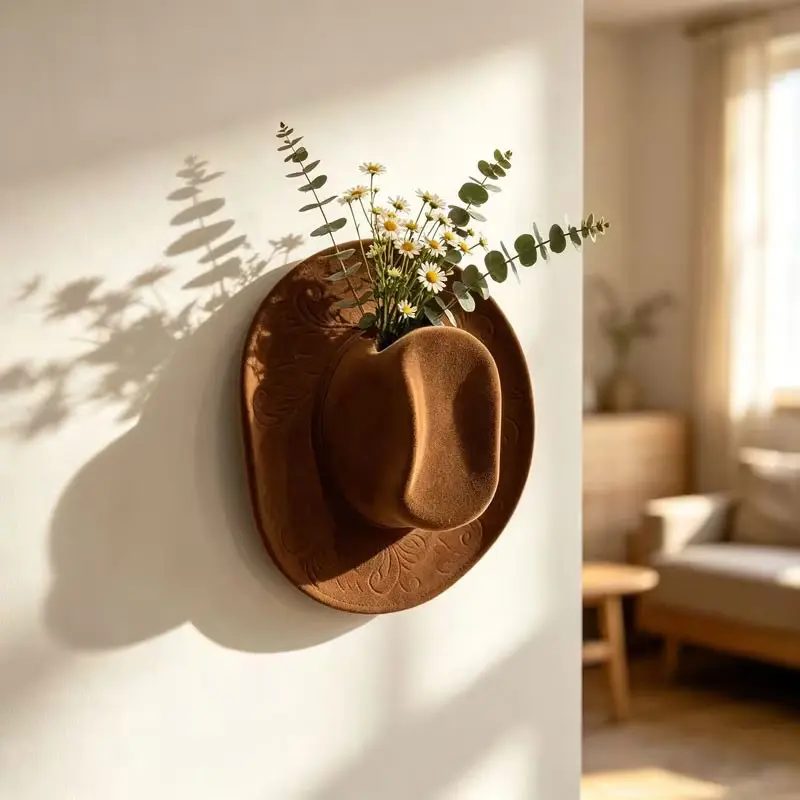 Unique Cowboy Hat Resin Vase, Wall-Mounted Wall Hanging Decorative Planter, Western Style Wall Art, Creative Rose and Dried Flower Grower, Ideal Gift