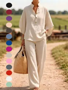 2026 New Arrival Women's Linen Two-Piece Set, Comfortable Button Shirt and Wide Leg Pants, Casual Summer, European and American Style
