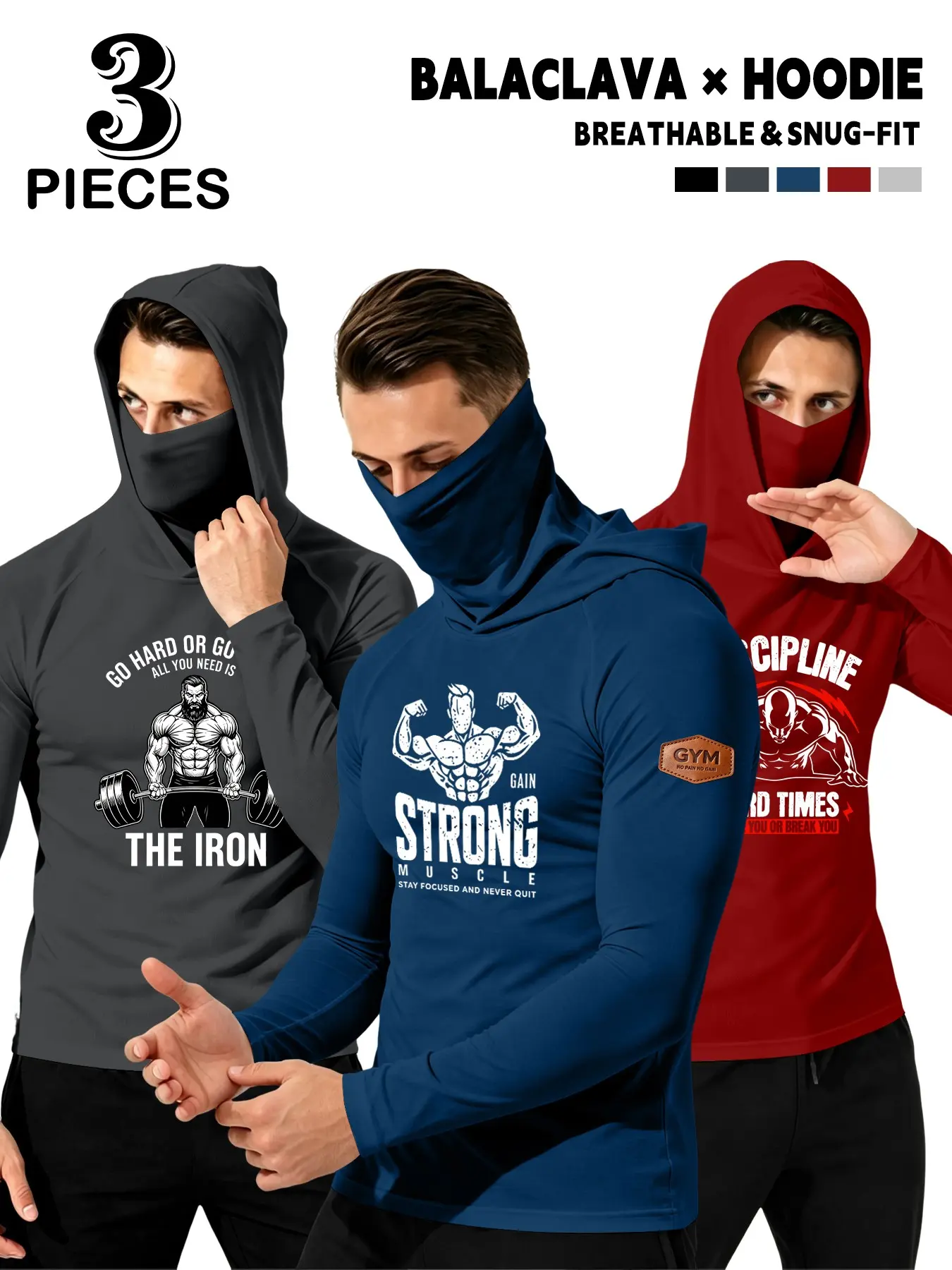 3-Pack Men's Hooded Long Sleeve T-Shirts, Gym Barbell Letter Print, Multifunctional Face Mask Design, Casual Fitness Outdoor Wear, Printed Gym Shirt