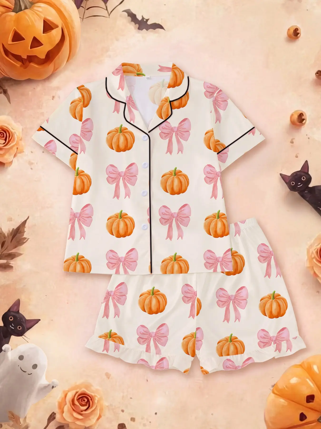 Halloween children's flame-retardant fabric sleepwear set, cute pink pumpkin with bow print, new short sleeved shirt with lapel button top and elastic shorts, cute and beautiful fashionable clothing, holiday party sleepwear that can be worn outside, outdo