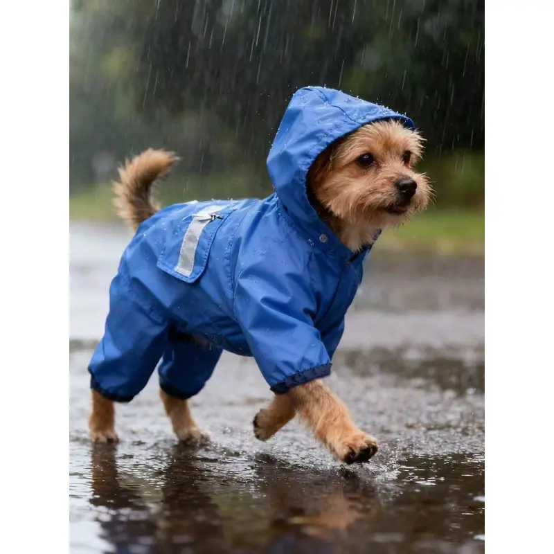 Blue Pet Raincoat Outdoor a lightweight polyester dog suit with reflective stripes for safety. Full four-leg coverage keeps your dog dry in the rain. Perfect for small and medium-sized poodles, suitable for year-round wear.