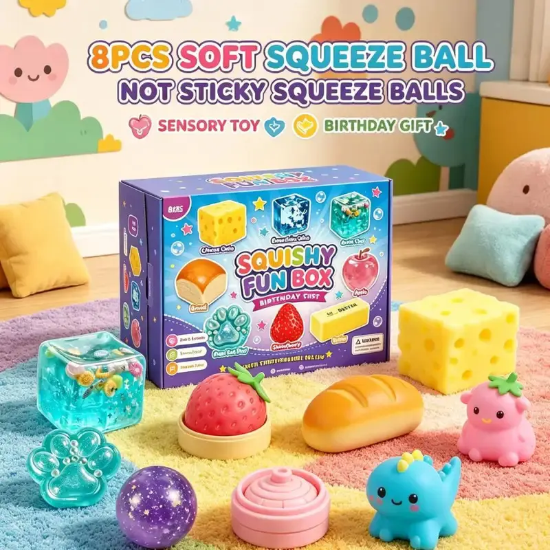 8-Piece Set Mystery Box Slow Rising Squeeze Fidget Toys Soft Stretchy Squishy Sensory Toy for Anxiety Relief Birthday Gifts