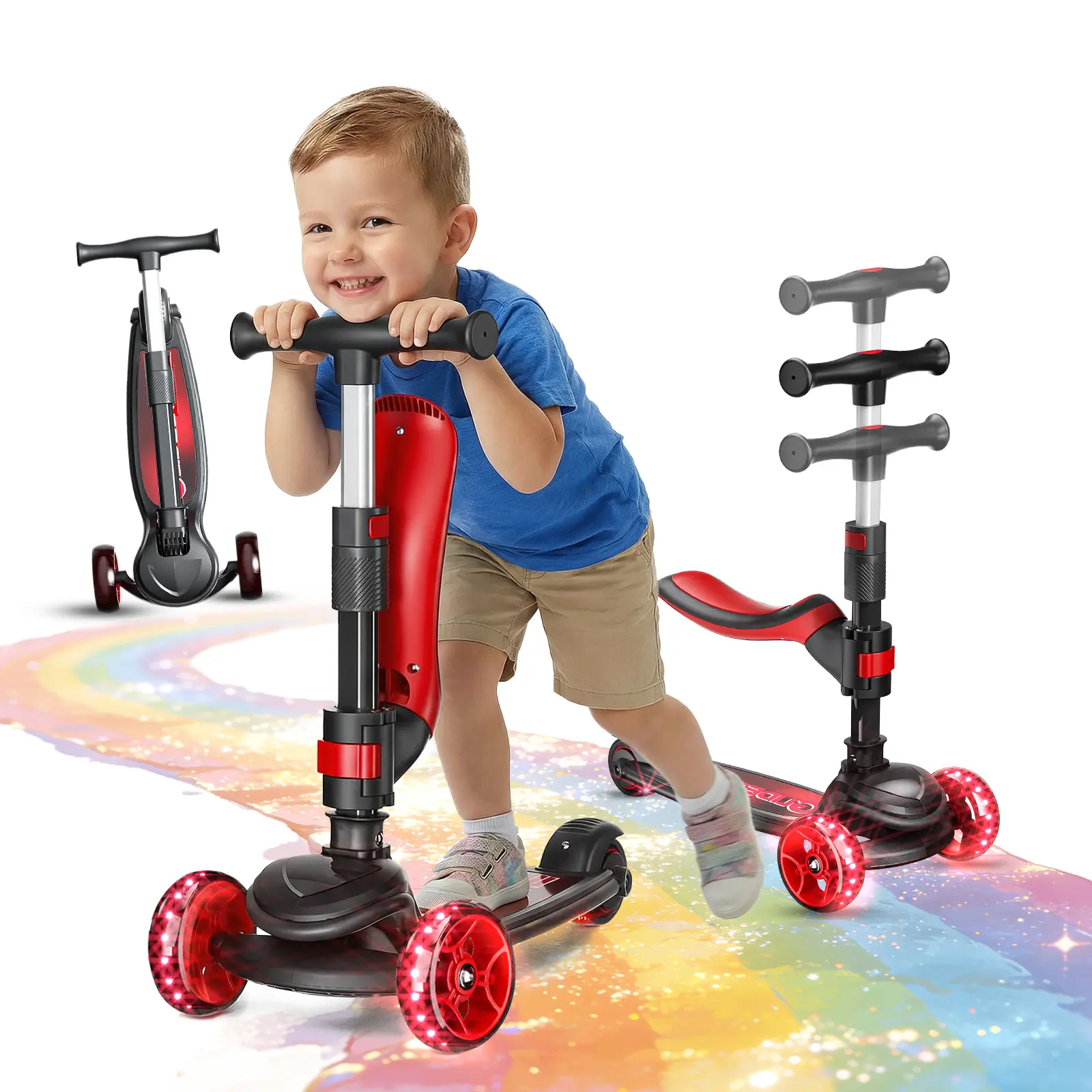 2-in-1 Foldable Scooter for Boys & Girls, 3-Wheel Ride-On Toy with Removable Seat & Adjustable Size for Growing with Kids, Features Tilt Steering & Kinetic Energy Powered LED PU Wheels, Led Lights, Kick Scooting, Lean-To-Steer, 3 Wheel Scooters