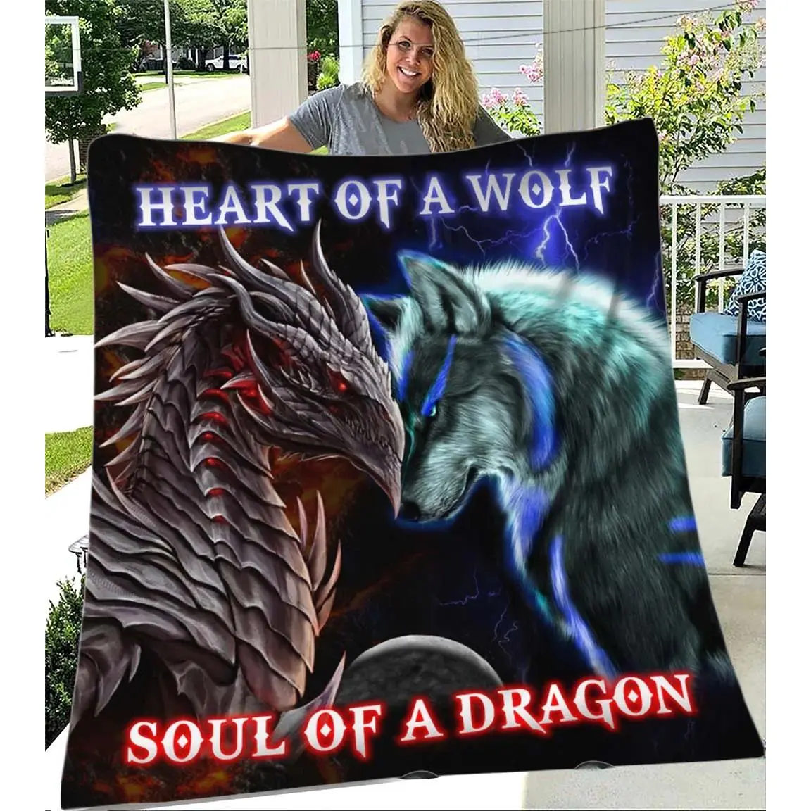Wolf & Dragon Fleece Throw Blanket, Multi-Use Digital Print Cozy Blanket For Air Conditioning And Napping, Decorative Fantasy Creature Design