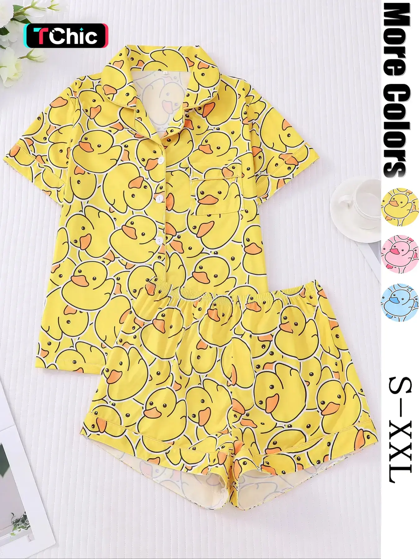 Women's Duck Print Fitted Shirt & Shorts Pajama Set, Casual Comfy Soft Short Sleeve Top & Shorts Two-Piece Set, Homewear Loungewear Set, Ladies Sleepwear for Summer