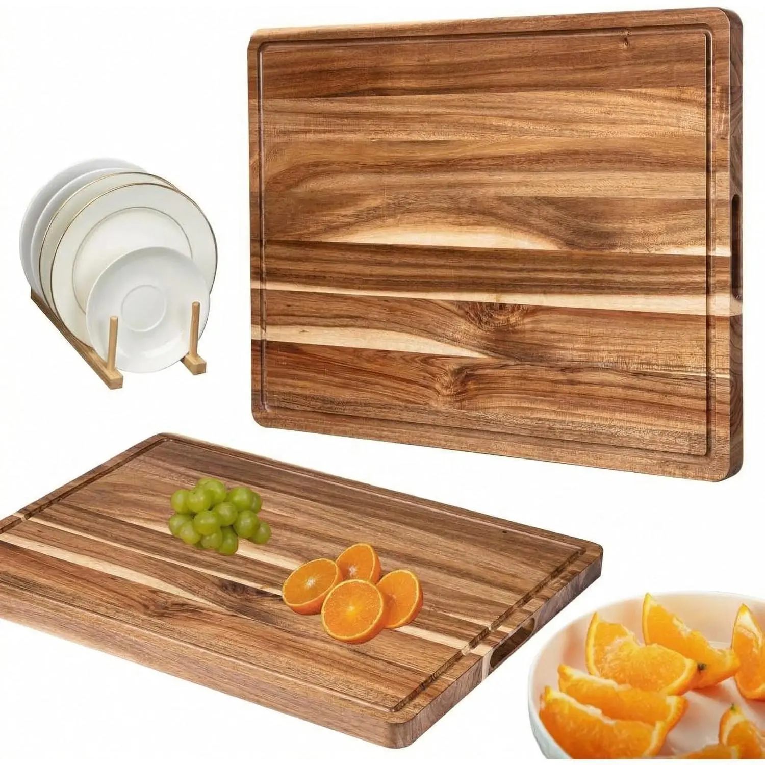 Acacia Wooden Cutting Board for Knives - Extra Large Chopping Board for Home Cooks, 24x18in/20x15in, 1.1in/1.5in Thick Edge Grain Butcher Block, Deep Grooves, Built-in Handles, Knife-Friendly, Easy to Clean, Oil-Ready, Durable for Meal Prep