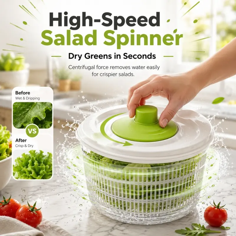 3L Large Capacity Kitchen Fruit Vegetable Salad Spinner. Easy one-hand operation, removes water efficiently with centrifugal force for crisp salads.