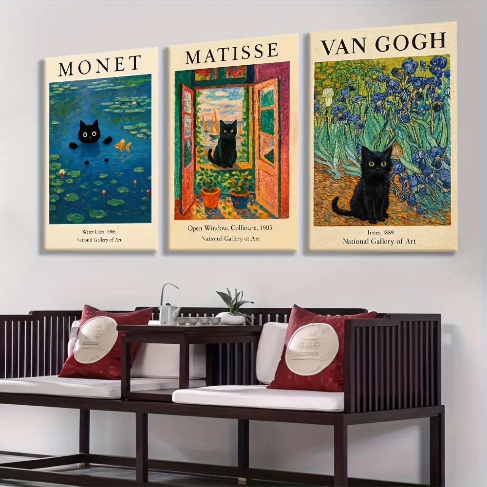 3-piece set of framed canvas paintings, classic art, creative prints of famous artists like Van Gogh, Matisse, and Monet, featuring black cats, perfect for bedroom wall decoration, plant wall decor, home and office, living room, bedroom decoration, and as