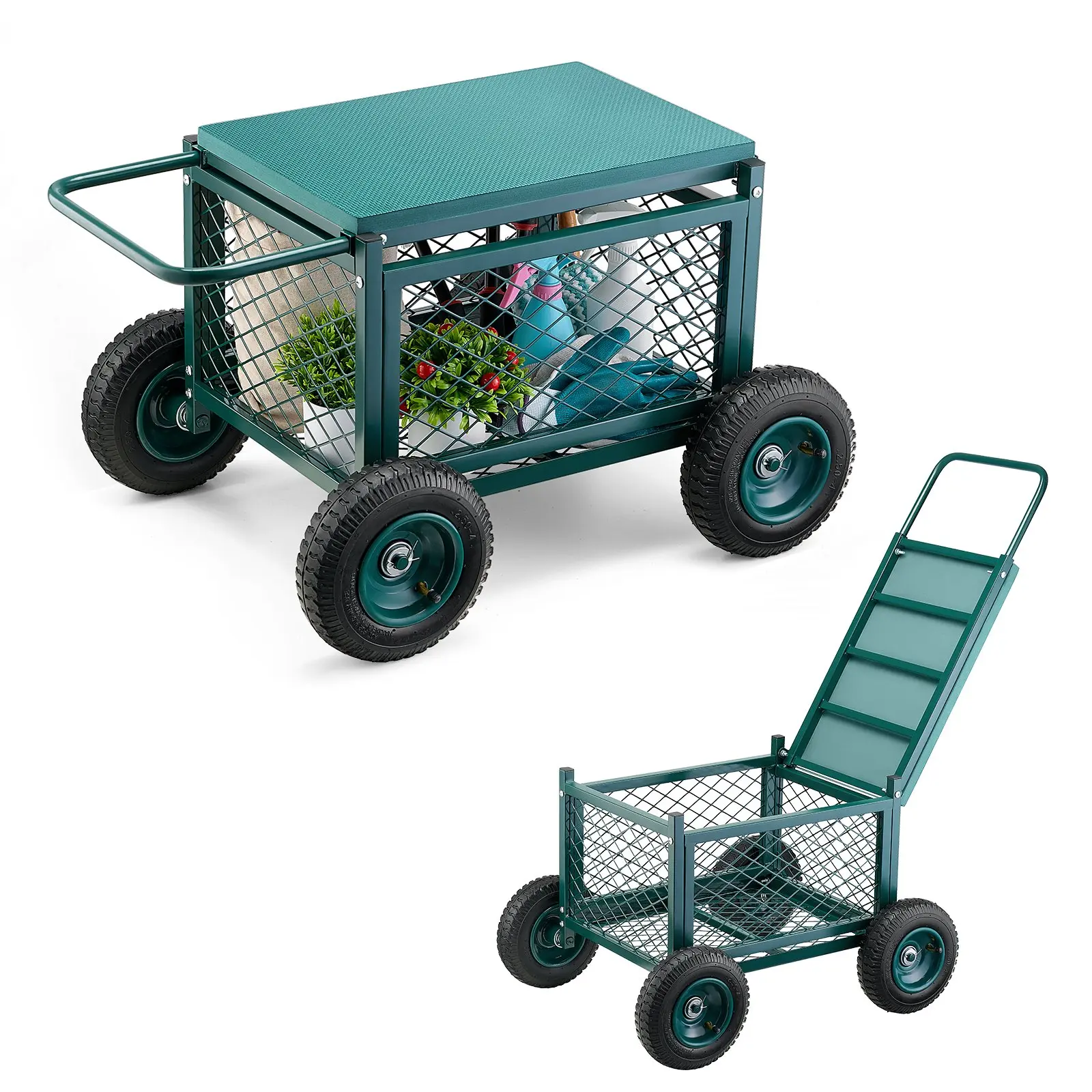 VEVOR Heavy-Duty Rectangular Metal Frame Rolling Garden Cart - 400lb Capacity, Wide Seat Pad, 8x2.50-4 Rubber Wheels, 29.92×20.47×17.32 inches Outdoor Storage Wagon Stool for Adult Backyard Lawn & Patio Gardening