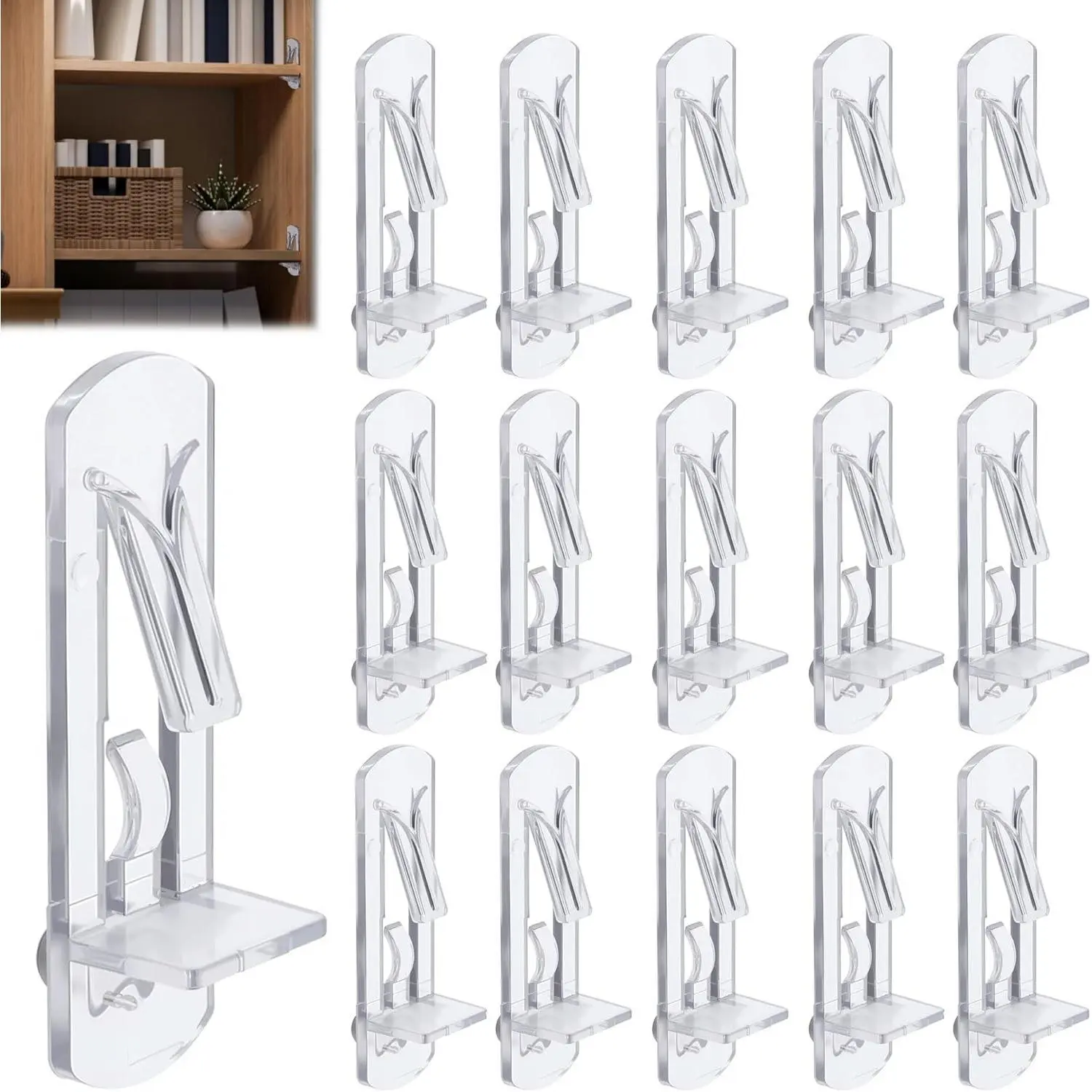 20PCS Plastic Locking Shelf Support Pegs, 6.9mm Self-Locking Shelf Pins, Plastic Cabinet Shelf Clips, Clear Bracket Clips for Kitchen, 6.9mm Peg x 3/4" Thick Shelves