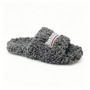 Unisex Charcoal Gray Curly Faux Fur Slide Slippers, Embroidered Open Toe Fluffy Shearling House Slippers, Non-Slip Soft Warm Cozy Indoor Outdoor Plush Slippers for Fall Winter  The viral charcoal gray curly fuzzy slides everyone is raving a