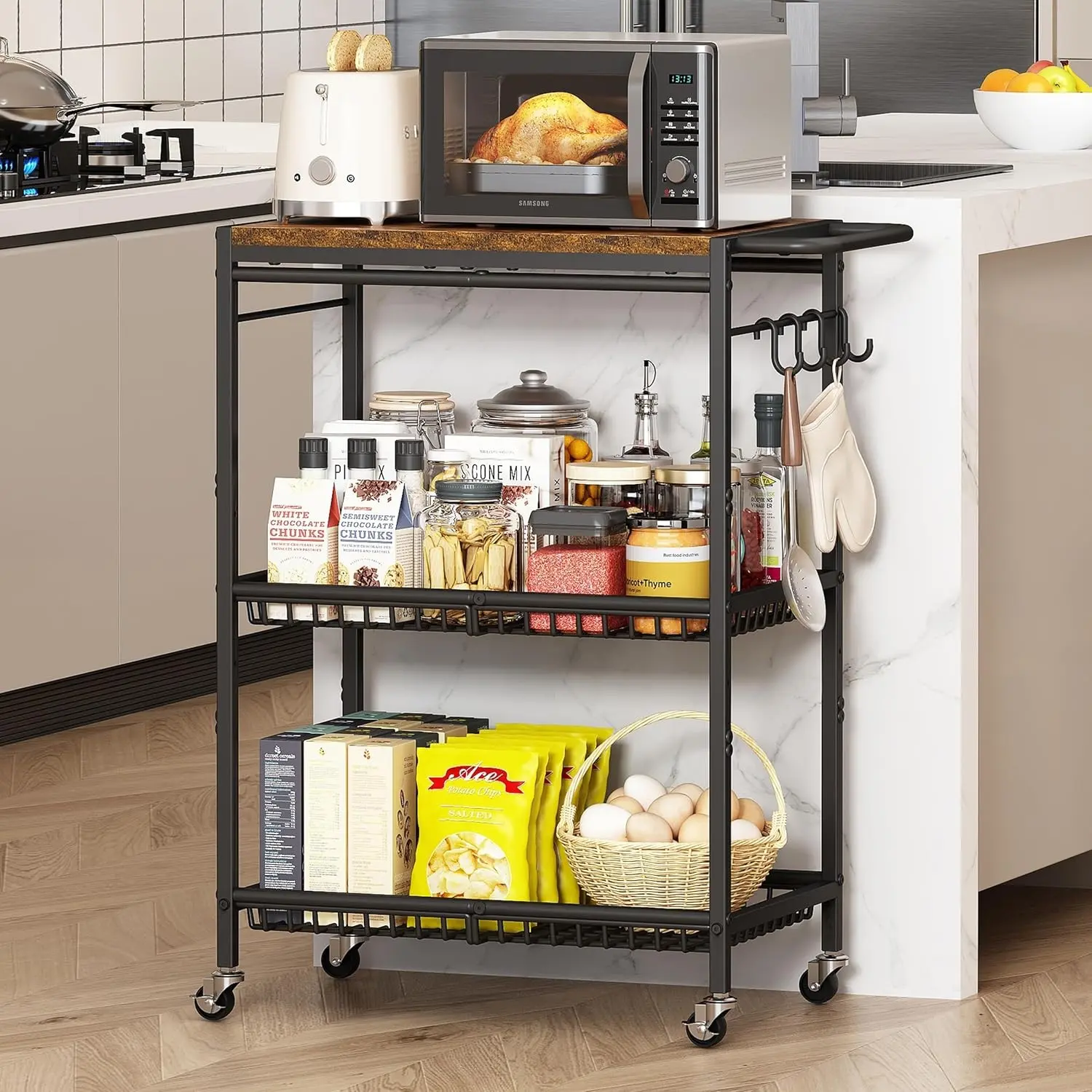 Microwave Kitchen Cart with Handle, 3-Tier Storage Cart, Lockable Wheels, 200 Lbs Capacity, Ideal for Kitchen Space, Kitchen Island, Restaurant, Office