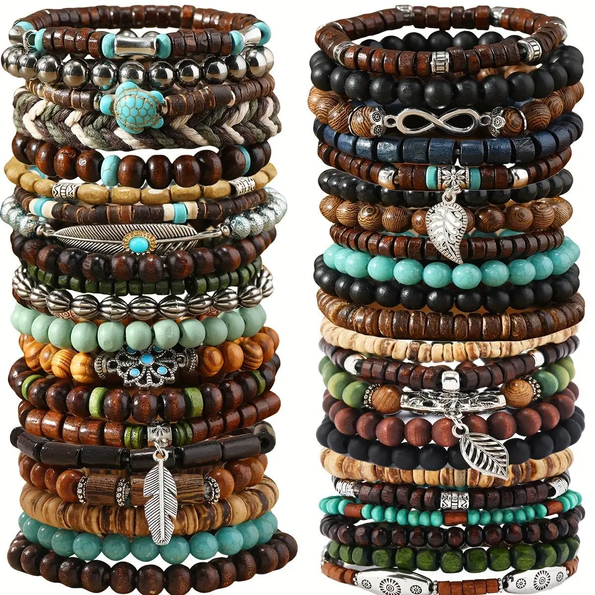 42-Piece Vintage Wooden Beaded and Braided Bracelet Set, Bohemian Adjustable Stacking Bracelets for Women and Men, Matching Bracelet, Adjustable Stack Bracelets