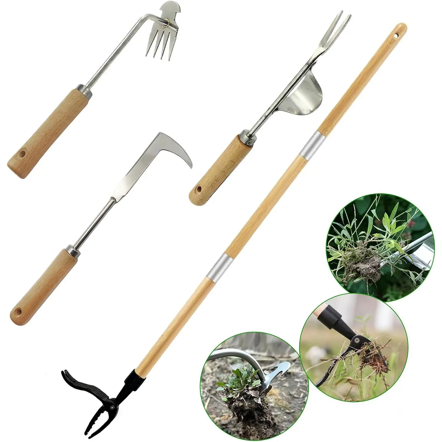 Weeding Set 4 count - Stand-Up Root Weeder + Multifunctional Weeding Kit, Stainless Steel Manual Lawn Care Tool, Labor-Saving for Weeding/Soil Loosening/Garden Care