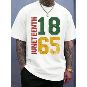 Men's Casual Graphic T-Shirt - 1865 Juneteenth Split Number Print, Soft Cotton Tee, Vertical Lettering Varsity Design for June 19th Freedom Day Celebration, Casual Graphic Tee