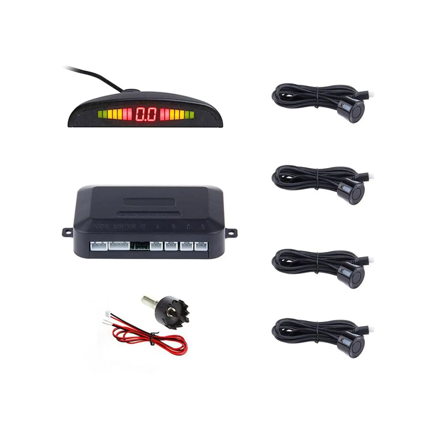 4 Sensors Car Parking Sensor Kit Buzzer Radar LED Desplay Acoustic Auto Reverse Backup System 6m Sensor Cable for Pickup Trucks Small Trucks Black