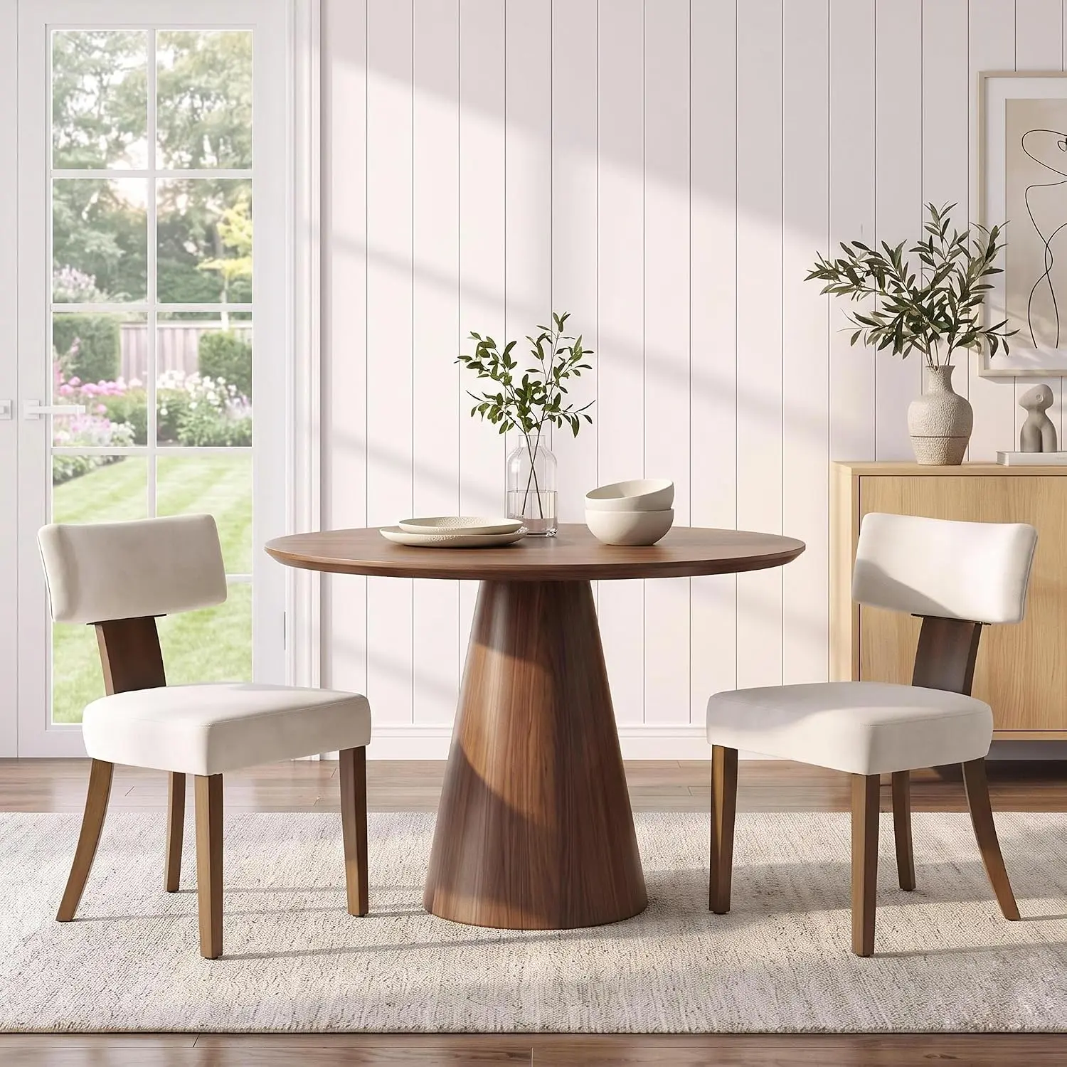 Wooden Dining Chairs Set of 2 Upholstered Kitchen Chair | Farmhouse Mid Century Dining Room Chairs with Ergonomic Curved Backrest Wood Legs for Kitchen, Dining Room, Apartment, Beige【Mid-Century Modern Farmhouse Style】 The dining chairs effortlessly blend