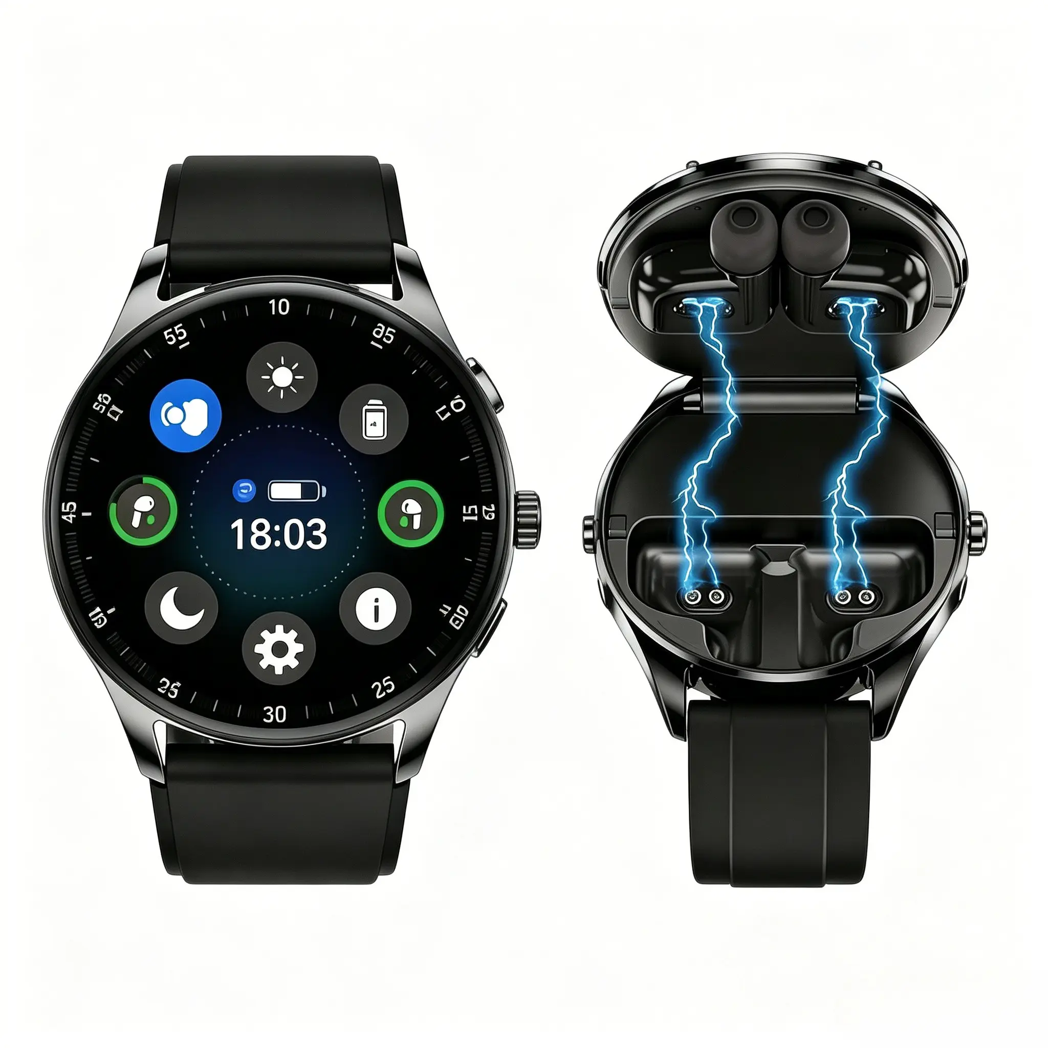 Smart Watch Earbuds Combo, Builtin TWS Earphones, Wireless Charging, 1.43 HD Display, Multiple Sports Modes, Weather & Calendar, Music Control