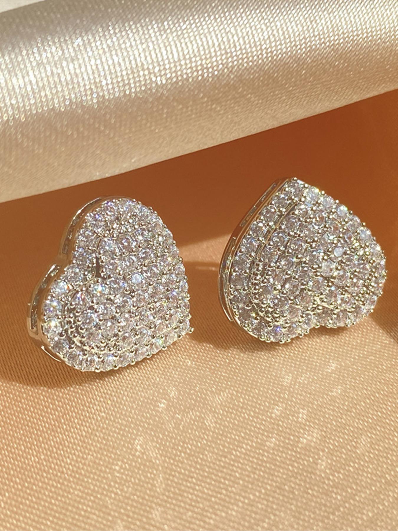 Elegant Heart Shaped Stud Earrings, Luxury Rhinestone Decor Stud Earrings, Fashion Matching Jewelry Accessories for Women, Rhinestone Decorated Bling, Studs Earrings