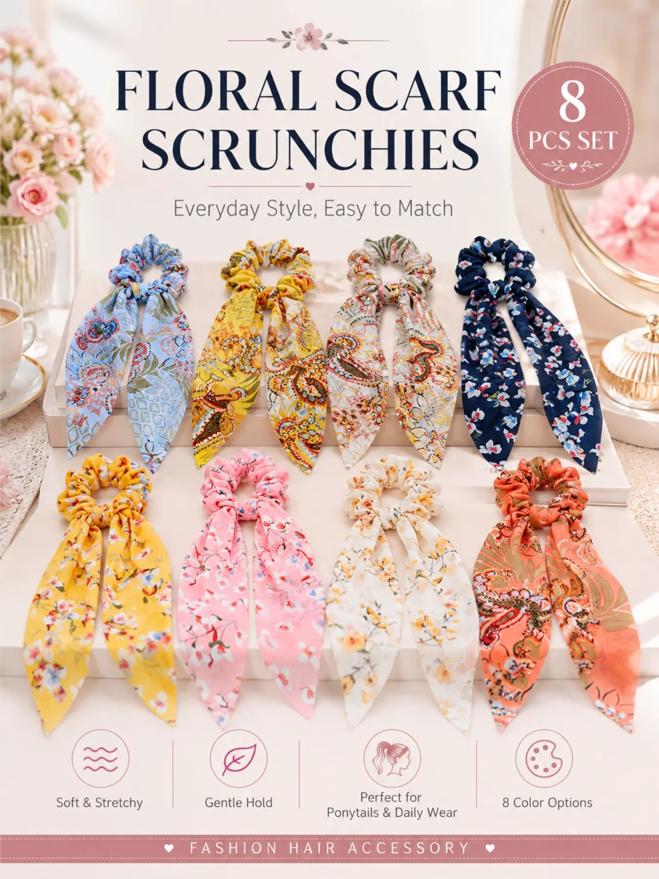 Women Elegant Fabric Long Tail Scarf Scrunchies, Classic Paisley & Floral Printed Hair Tie Accessories, Soft Lightweight Design Ideal for Daily Casual Outfits, Wedding Party & Holiday Special Occasions