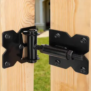 4 count Self Closing Gate Hinges Heavy Duty Hardware for Wooden Fence Gates Vinyl, 90  Adjustable Spring Gate Door Hinges Kit with Swing Adjuster Tool and Self-Tapping Screws, Black